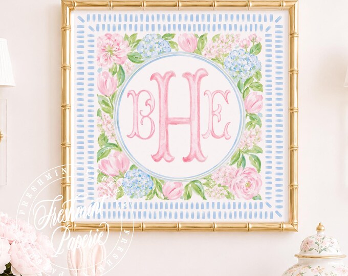 Monogram Wall Art, Hydrangea, Chinoiserie, Floral, Grandmillennial, Watercolor