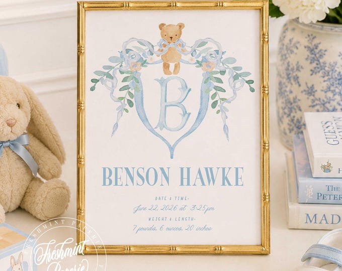 Monogram Nursery Wall Art, Teddy Bear, Newborn Announcement