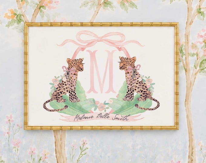 Cheetah Nursery Art Print, Safari, Monogram, Crest, Pink Bow