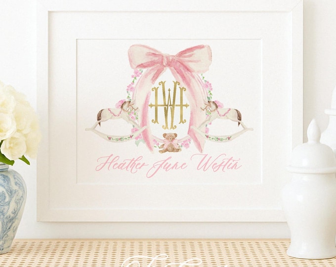 Pink Rocking Horse Nursery Print, Custom Monogram Wall Art