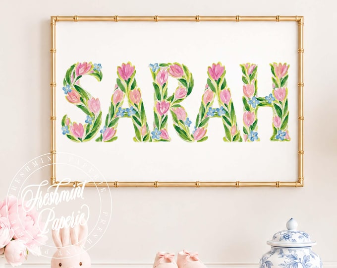 Custom Floral Name Wall Art: Custom Watercolor Name Print