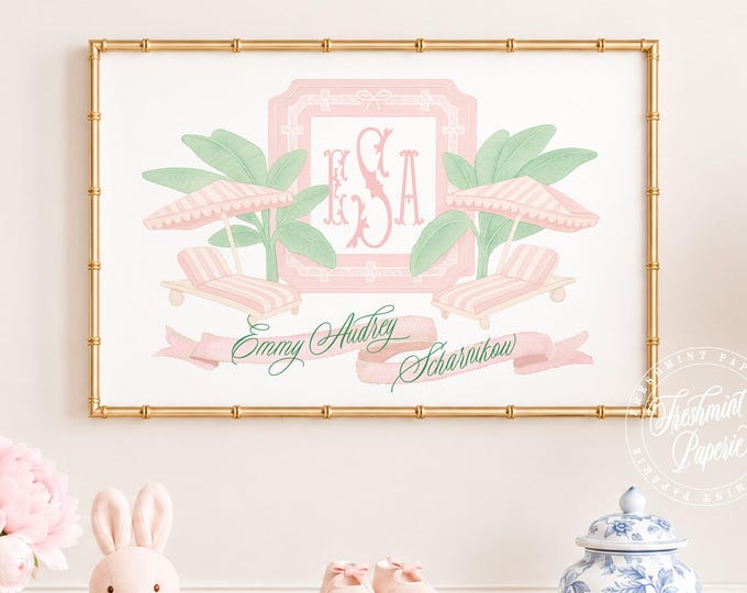 Palm Beach Nursery Print, Banana Leaf, Personalized monogram, Beverly Hills