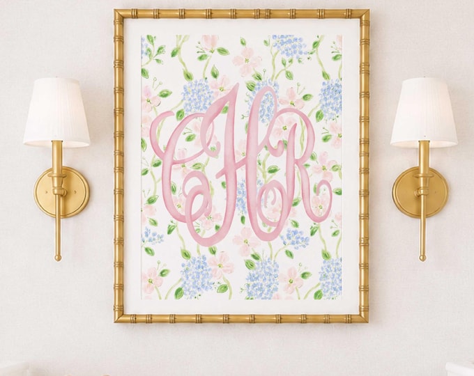 Watercolor Hydrangea Floral Monogram Nursery Art, Wall Print, Grandmillennial