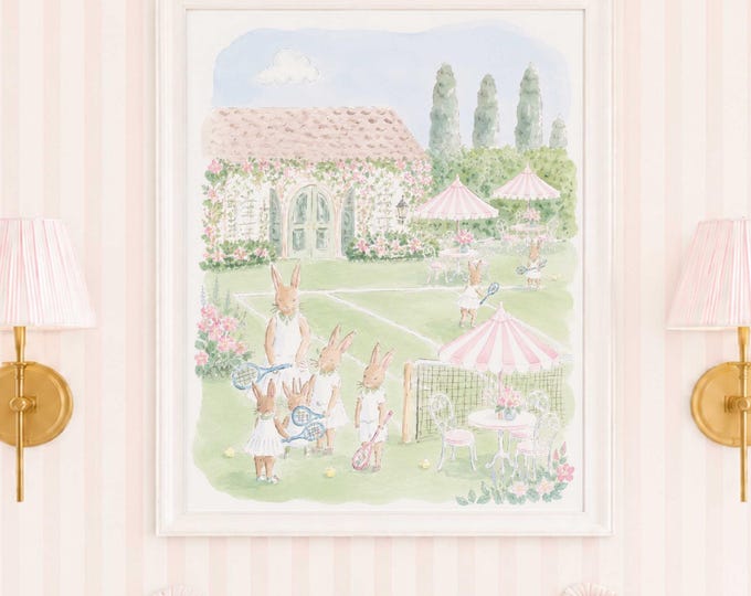 Bunny Nursery wall art, Tennis, Watercolor, Grandmillennial, Floral