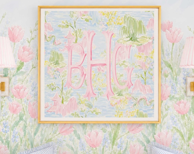 Monogram Wall Art, Chinoiserie, Mahjong, Grandmillennial, Watercolor