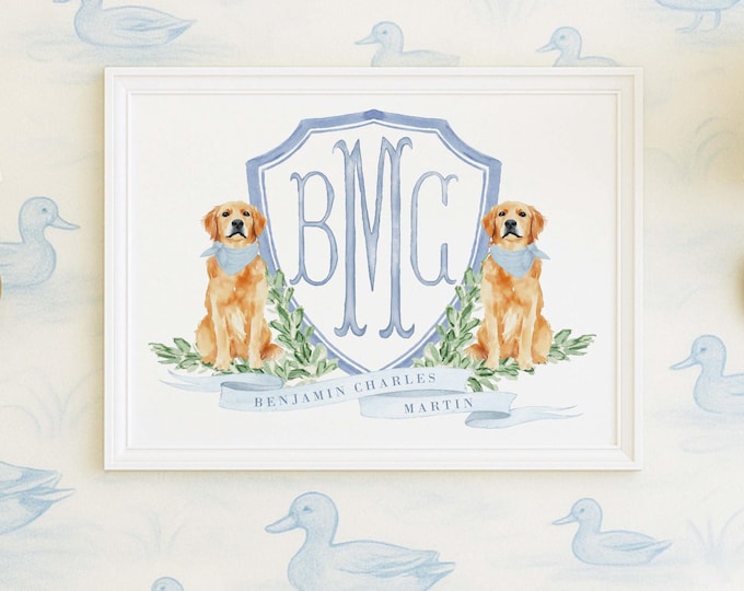 Golden Retriever Nursery Monogram Crest Wall Art Print