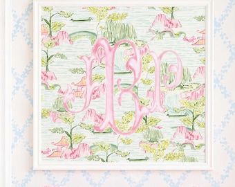 Monogram Wall Art, Chinoiserie, Mahjong, Grandmillennial, Watercolor