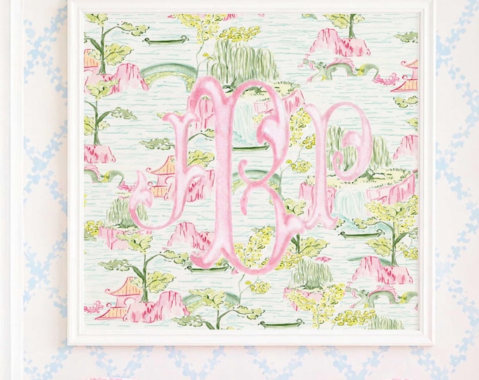 Monogram Wall Art, Chinoiserie, Mahjong, Grandmillennial, Watercolor