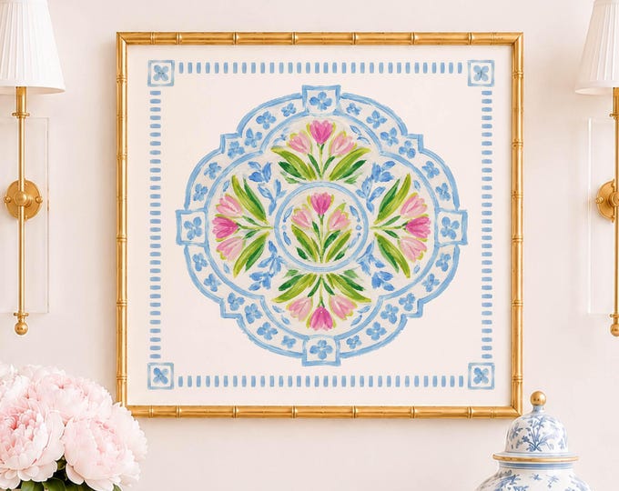 Watercolor Medallion Wall Art, Grandmillennial, Floral, Chinoiserie Plate, Ginger Jar