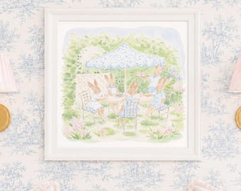 Kinderzimmer Wandkunst, Bunny Tea Party, Grandmillennial, Chinoiserie