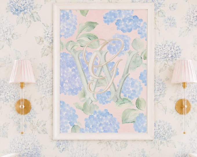 Watercolor Hydrangea Monogram Nursery Print, Custom Wall Art, Pink