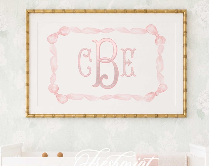 Monogram Nursery Print, Watercolor Pink Bow, Custom Name Wall Art