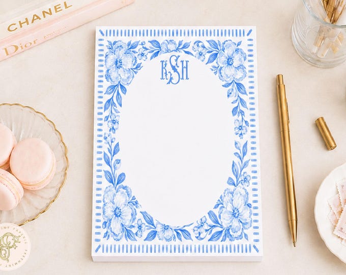 Blue Floral Watercolor Floral Notepad: Custom Monogrammed Stationery - 5x7
