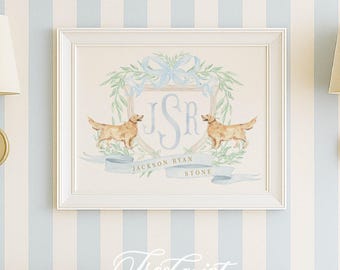 Golden Retriever Nursery Art: Custom Monogram Crest Print
