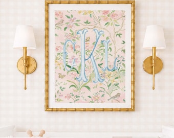 Aquarell Chinoiserie Monogramm Kinderzimmer Kunst, Benutzerdefinierte Wanddruck, Kirschblüte, Grandmillennial