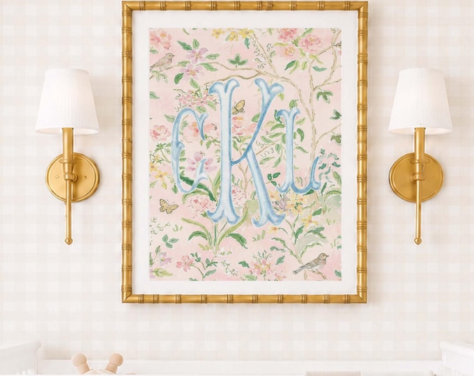 Watercolor Chinoiserie Monogram Nursery Art, Custom Wall Print, Cherry Blossom, Grandmillennial