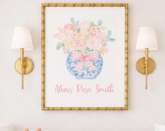 Ginger Jar Floral Nursery Art: Custom Name Print