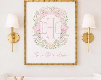 Watercolor Floral Monogram Nursery Print, Custom Wall Art