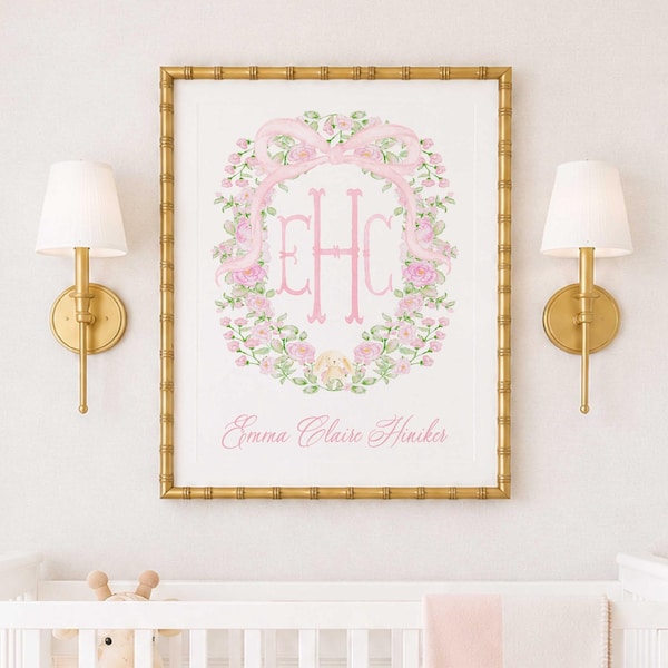 Watercolor Floral Monogram Nursery Print, Custom Wall Art