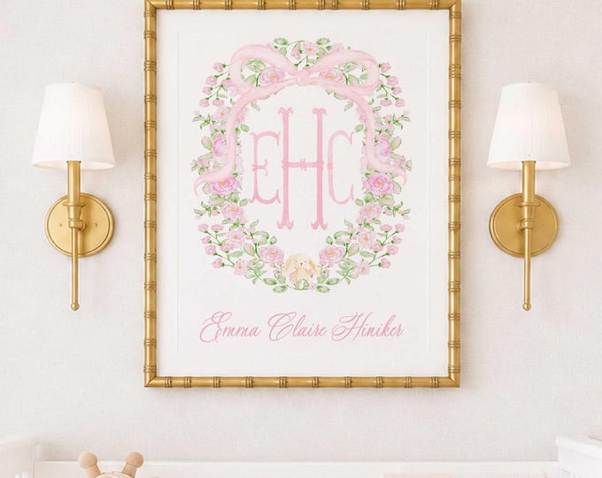 Watercolor Floral Monogram Nursery Print, Custom Wall Art