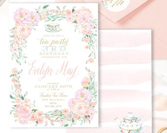 Faire-part de goûter - goûter d'anniversaire - bonjour tea party - faire-part floral de tea party - faire-part d'anniversaire de tea party - tea party de filles