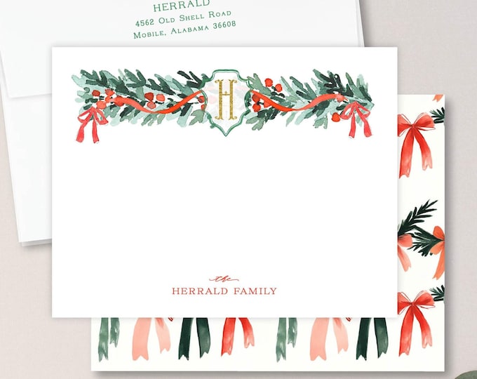 Personalized Christmas Notecards, Holiday Ribbon Monogram Stationery