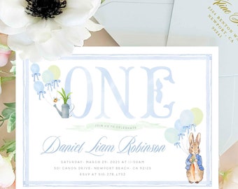 Kaninchen 1.Geburtstagseinladung | Aquarell Peter Rabbit