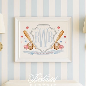 Baseball crest nursery wall art, Sports wall prints, Nursery name print, Baseball Monogram, Personalized Baseball Gift, Watercolor