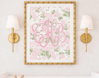 Aquarell Hortensien Monogramm, Kinderzimmer Druck, Benutzerdefinierte Wandkunst, Rosa