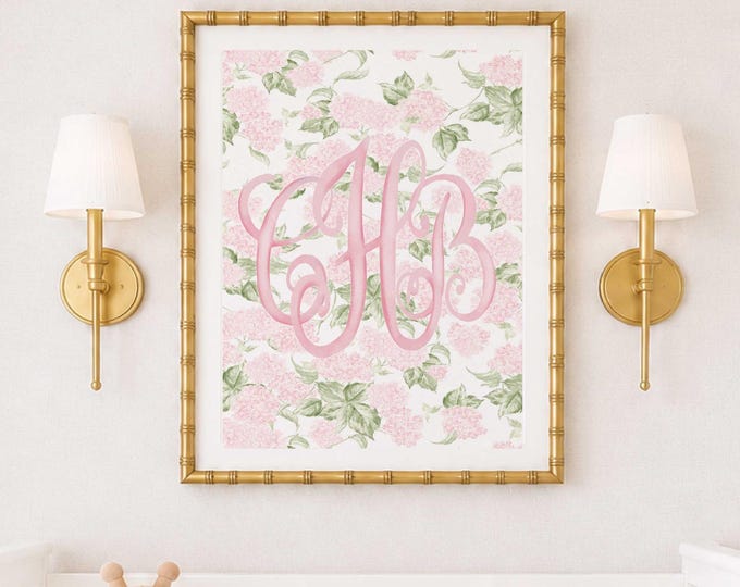 Watercolor Hydrangea Monogram Nursery Print, Custom Wall Art, Pink