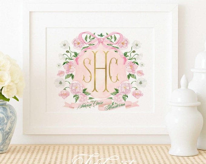 Watercolor Floral Monogram Nursery Art - Custom Name Print