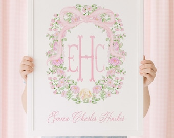 Watercolor Floral Monogram Nursery Print, Custom Wall Art