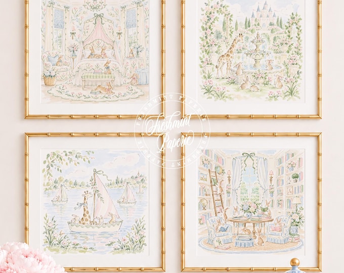 Nursery Wall Art, Bunny & Giraffe Prints, Grandmillennial, Chinoiserie,  Set of 4