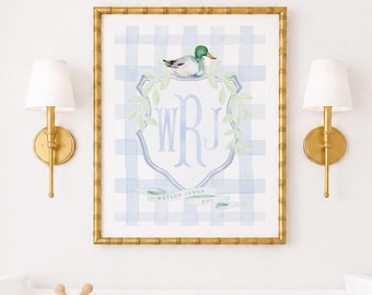 Impression d'art monogramme de canard colvert, art mural personnalisé pour chambre d'enfant