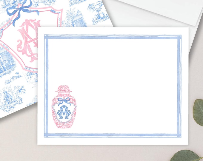 Personalized Stationery - Pink Ginger Jar Note Cards - Pink Chinoiserie Stationery Note Cards - Ginger Jar Notecards - Chinoiserie - set26