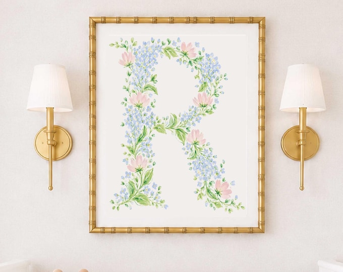 Floral Alphabet Letter, Watercolor Hydrangea Monogram Nursery Print, Wall Art