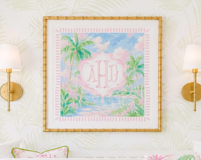 Monogram Wall Art, Monogram, Pink, Grandmillennial, Watercolor, Tropical, Palm Trees