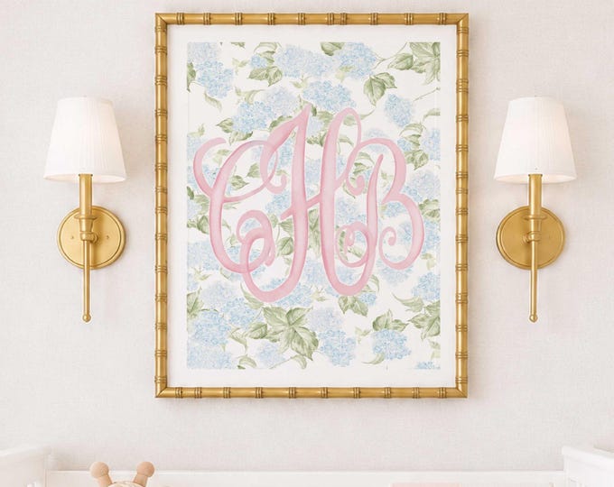 Watercolor Hydrangea Monogram Nursery Print, Custom Wall Art, Pink
