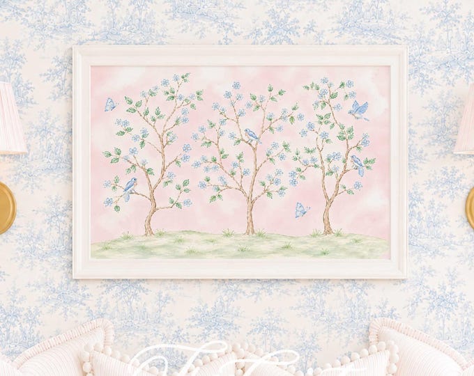 Chinoiserie wall art, Watercolor, Grandmillennial, Floral, Cherry Blossom, Grandmillennial