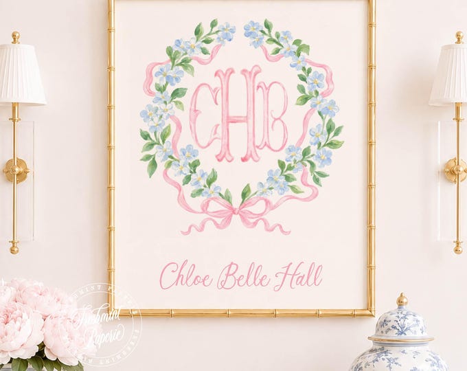 Watercolor Floral Monogram Nursery Print, Custom Baby Name Wall Art