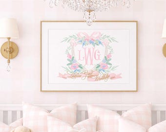Watercolor Floral Monogram Nursery Print, Custom Name Wall Art