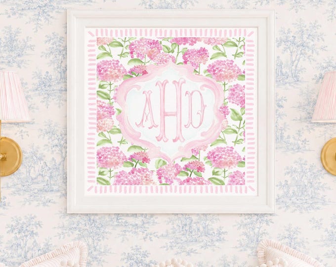 Monogram Wall Art, Monogram, Pink, Grandmillennial, Watercolor, Chinoiserie, Hydrangeas