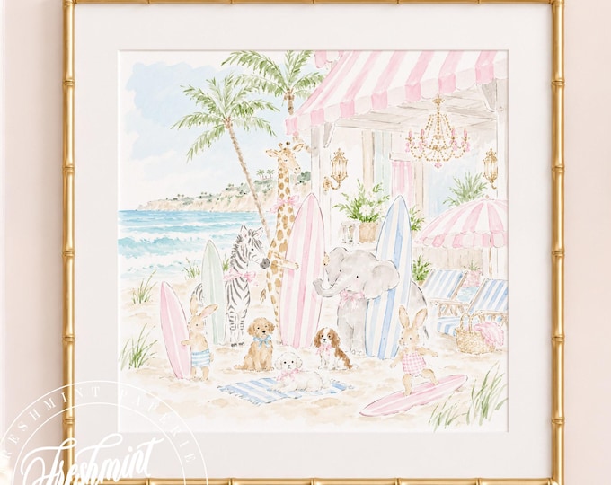 Nursery Wall Art, Animal art, Malibu surfing, Beach, Grandmillennial, Chinoiserie