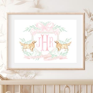 Golden Retriever, Arte murale Golden Retriever, Stemma monogramma per cameretta, Arte Golden Retriever, Arte murale personalizzata per cameretta, Stemma monogramma