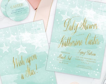 Wish upon a Star invitation - Star is Born invitation - Mint baby shower invitation - Twinkle Twinkle little star invitation