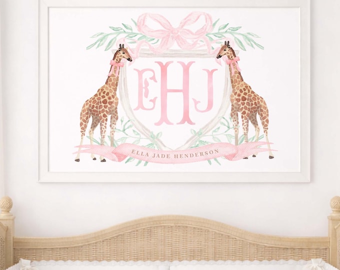 Watercolor Giraffe Nursery Art, Custom Name Print, Monogram, Crest, Pink Bow