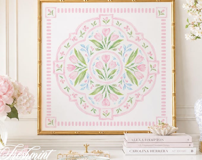 Watercolor Medallion Wall Art, Monogram, Grandmillennial, Floral, Chinoiserie Plate, Ginger Jar