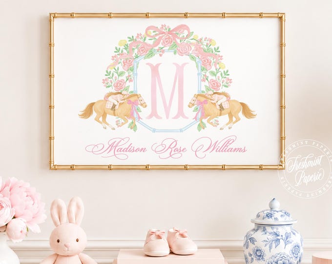 Horse Derby Nursery Print: Custom Name, Watercolor Florals
