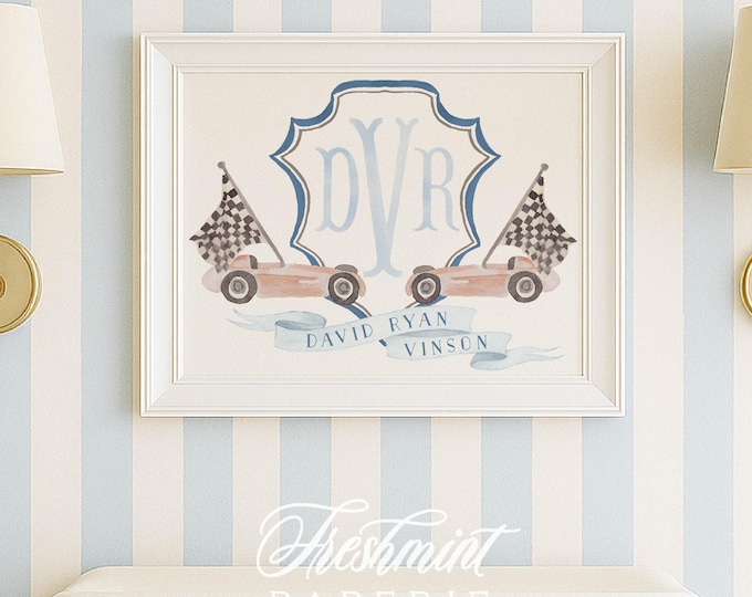 Vintage Race Car Nursery Print, Custom Monogram Wall Art