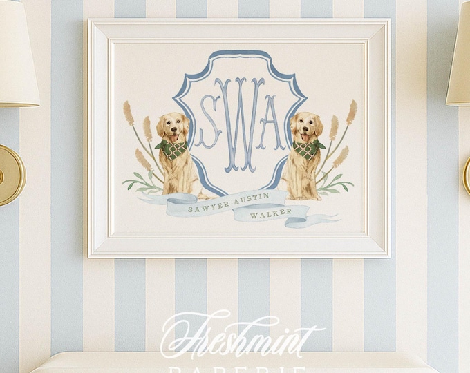 Golden Retriever Nursery Monogram Crest Art Print
